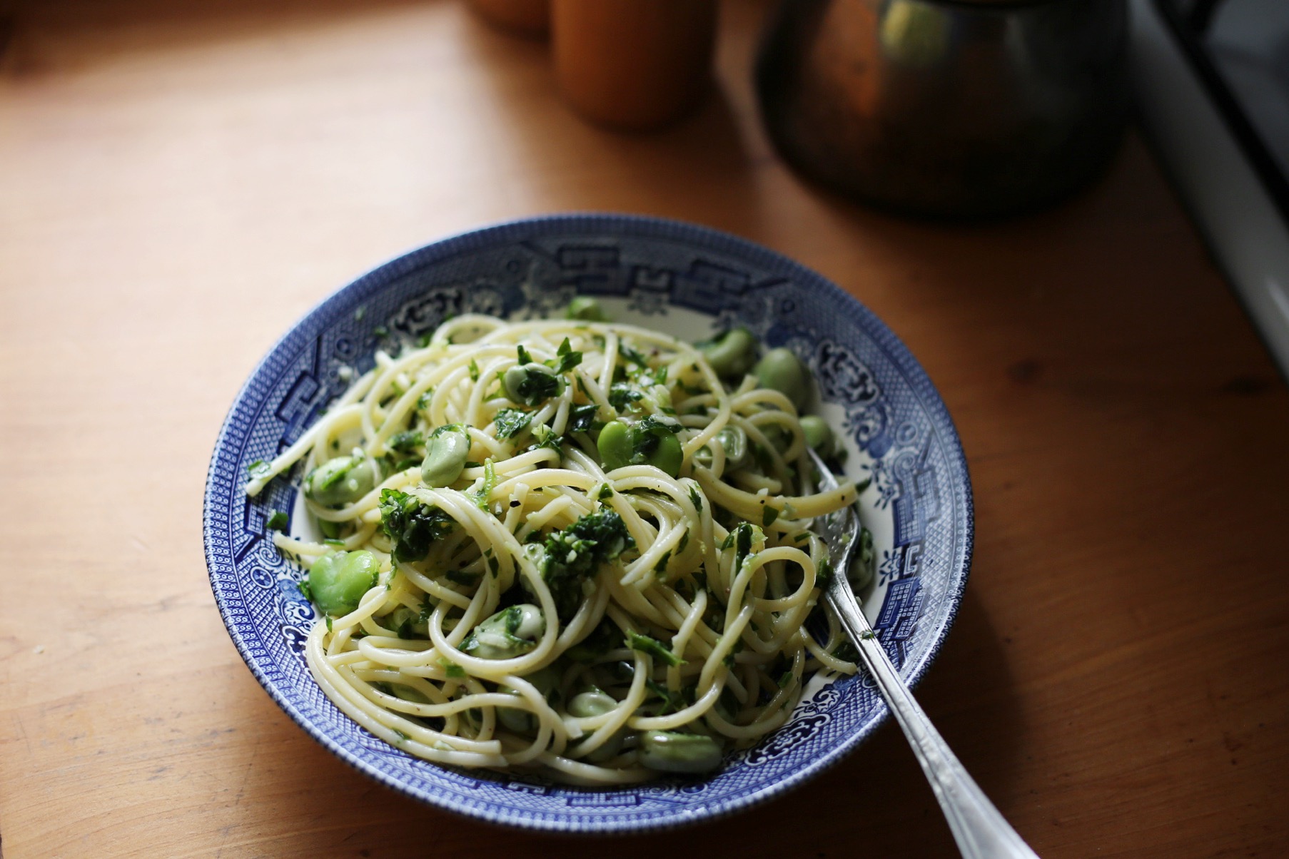 Broad bean pasta with spring pesto 