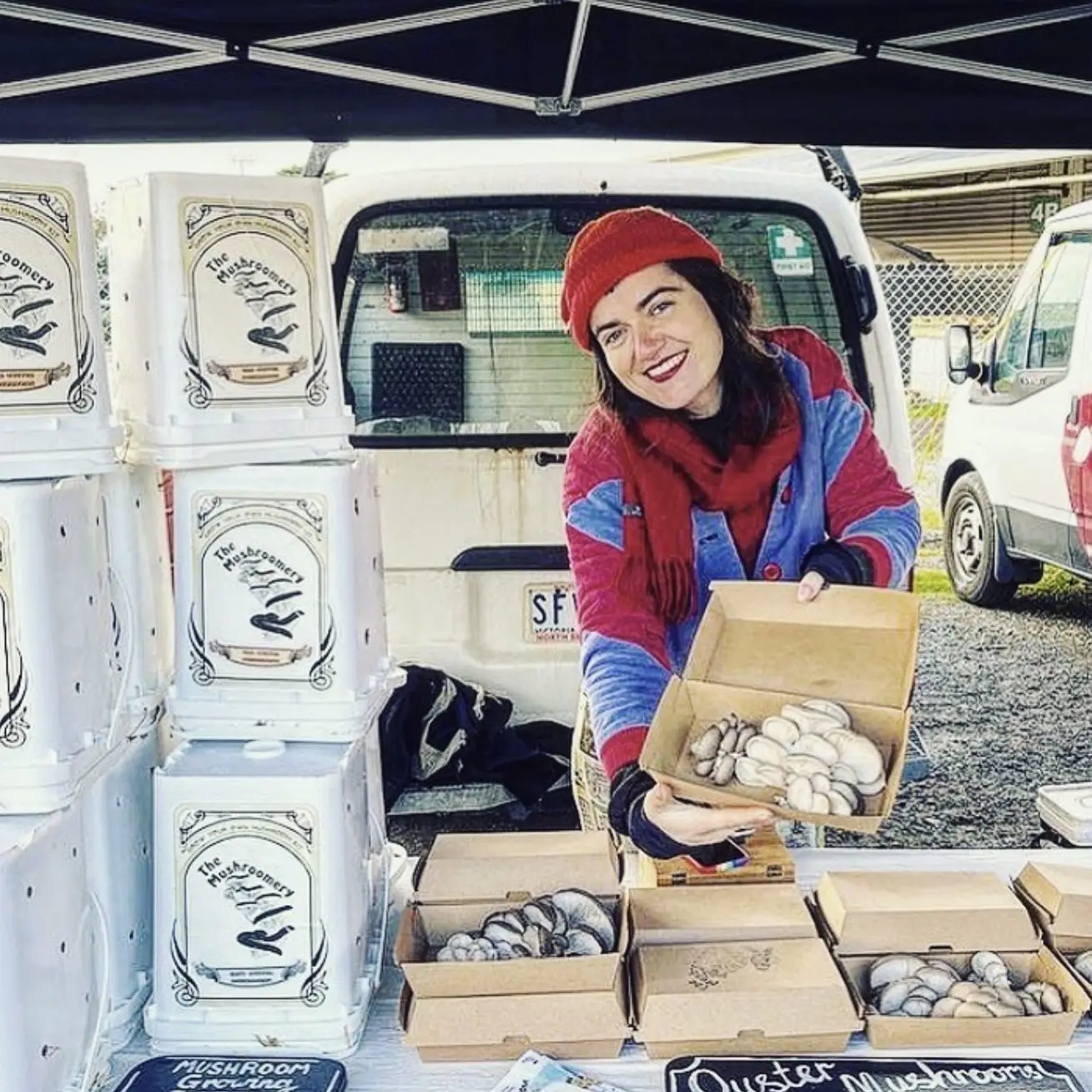 Buttons selling locally grown oyster mushrooms, The Mushroomery