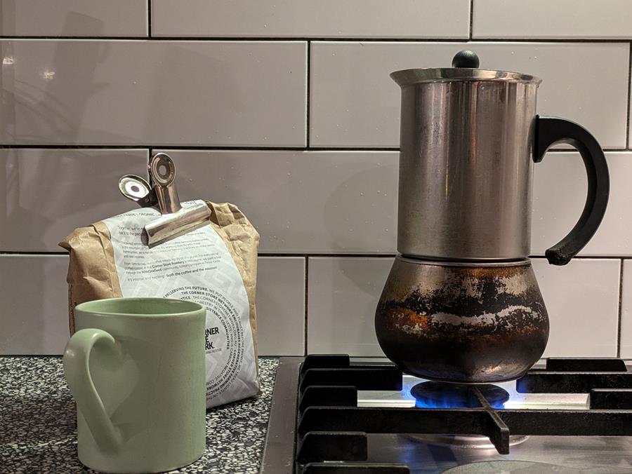 Coffee pot on the stove, Chris' morning ritual