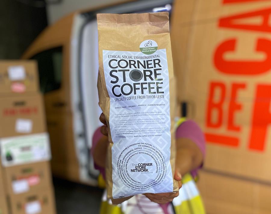 Corner Store Coffee, in compostable bag, CERES Fair Food warehouse