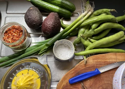 Avocado, cucumber and broad bean salad